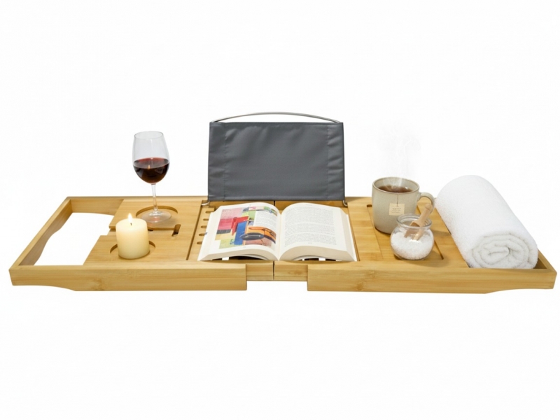 Curated Foldable Bamboo Bath Bridge with Adjustable Arms